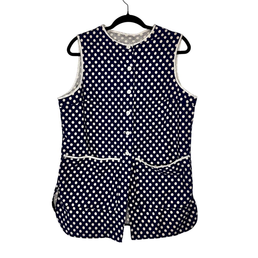 Vintage 1960s Handmade Polka Dot Smock Dress Apron Navy Blue Cotton Large